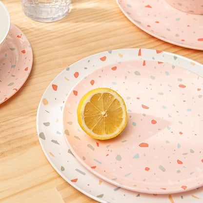 Bzyoo 12-Piece Melamine Dinnerware Set - White Confetti | Lightweight, Durable, BPA-Free | Dishwasher Safe Dish Set for Indoor & Outdoor Use - Perfect for Camping, BBQs, Kids Parties
