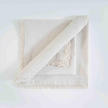 FINGERCRAFT Dinner Cloth Napkin Cotton Linen 4 Pack Vintage Rustic Premium Quality Mitered Corners Napkin Cloth with Elegant Lace for Everyday Use, Pre Shrunk and Good Absorbency 20x20 in Ivory