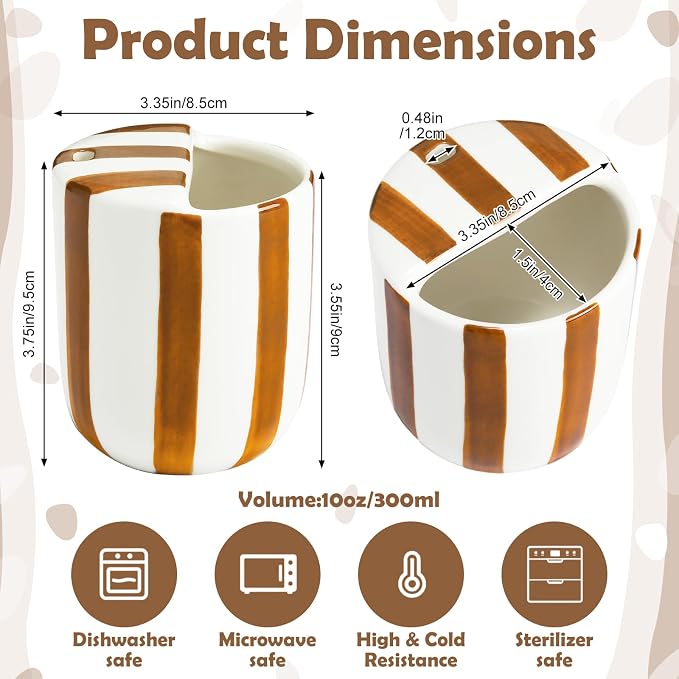 Ceramic Mug with Sip Hole 10 oz Brown Striped Ceramic Coffee Mug Hand Painted - Image 2