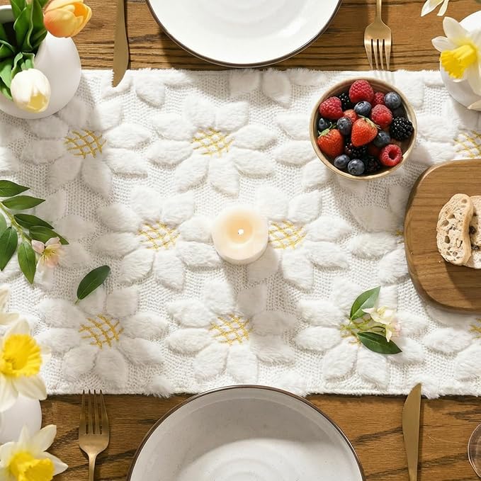 Artoid Mode White Soft Plush Faux Fur Jacquard Embroidery Sunflower Spring - Image 3
