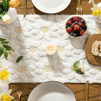 Artoid Mode White Soft Plush Faux Fur Jacquard Embroidery Sunflower Spring - Image 3