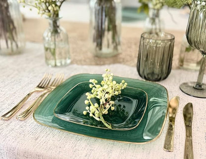 " OCCASIONS " 120 Plates Pack,(60 Guests) Premium Wedding Party Disposable Plastic Plates Set -60 x 10'' Dinner + 60 x 7'' Salad/Dessert (Belize Square in Green & Gold)