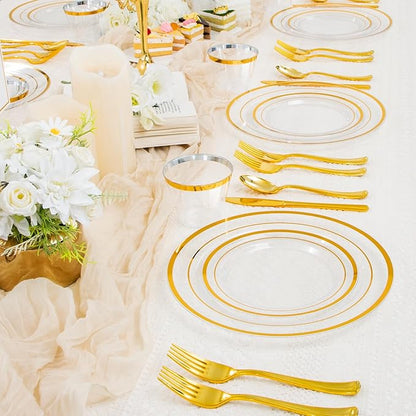 WELLIFE 600 PCS Clear Gold Disposable Dinnerware Set for 100 Guests — Elegant Gold rimmed Plastic Plates, Cups & Cutlery for Weddings, Receptions & Holiday Events, BPA-Free, Clear and Gold