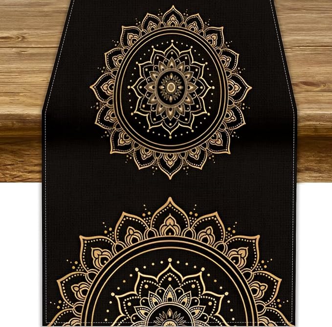 Golden Mandala Table Runner, Traditional Indian Gold Black Flower Vintage by JanJCurt