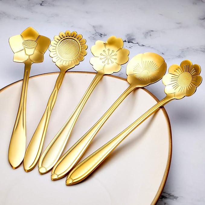 Chengu 8 Pcs Flower Coffee Tea Teaspoons Stainless Sugar Spoons ，Gold | Floral - Image 4
