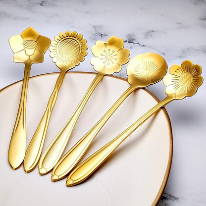 Chengu 8 Pcs Flower Coffee Tea Teaspoons Stainless Sugar Spoons ，Gold | Floral - Image 4