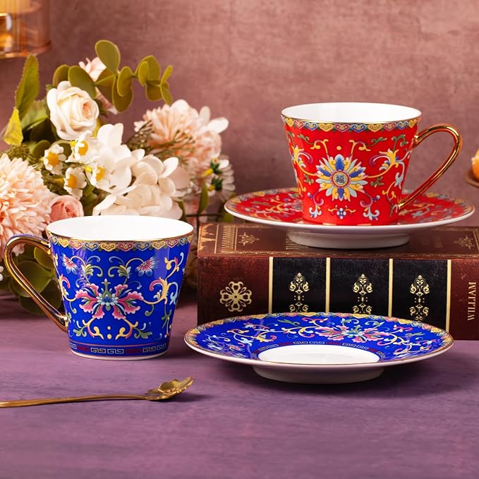 KAMMAK Tea Cup and Saucer, Ceramic Coffee Cups, 8 oz, Afternoon Tea and - Image 7
