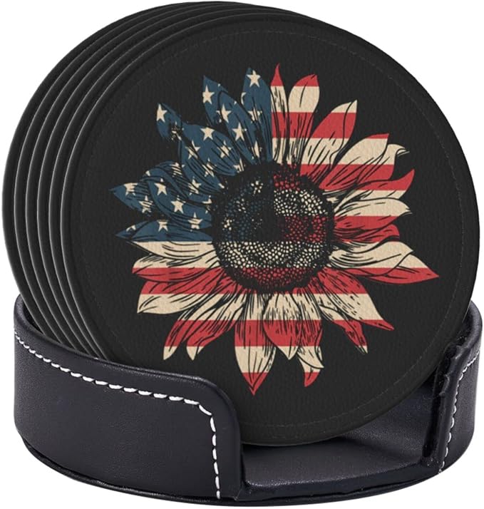 6 Pcs America Sunflower Flag 4th July Patriotic Leather Coasters - Image 3
