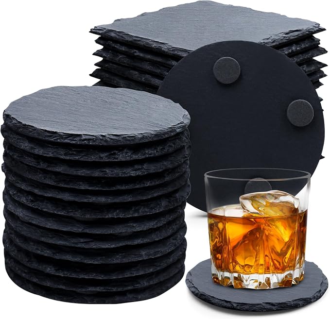 24 PCS Slate Drink Coasters, Cymuber 4 Inch Black Coasters Stone Cup Coaster by CYMUBER
