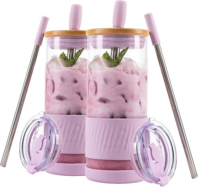 Pandaloo® Glass Cups With Lids and Straws -20 Fl Oz- Perfect Size Iced Coffee by Pandaloo