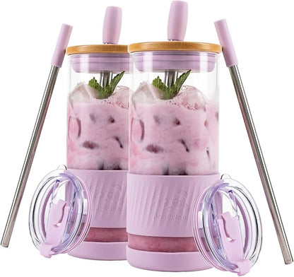 Pandaloo® Glass Cups With Lids and Straws -20 Fl Oz- Perfect Size Iced Coffee by Pandaloo