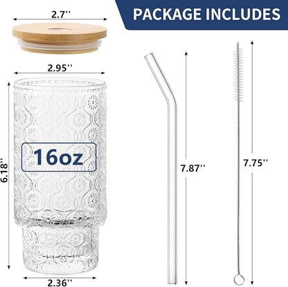16 Oz Glass Cups with Lid and Straw, Vintage Embossed Floral Glass Tumbler - Image 2