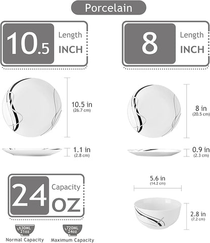 VEWEET Porcelain Dinnerware Sets for 4, 12 Pieces Plates and Bowls Set with Black and Grey Ribbon Lines, Dishes Set Dining Ware for Dinner, Microwave and Dishwasher Safe, Series FIONA