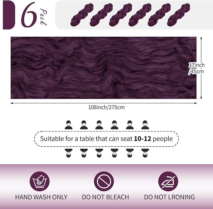 6 Pack Dark Purple Cheesecloth Table Runner 17x108 Inch Semi Sheer Boho Gauze - Image 2
