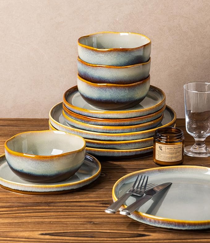Ceramic Dinnerware Set for 4, 12-Piece Plates and Bowls Set | Handmade Reactive - Image 4