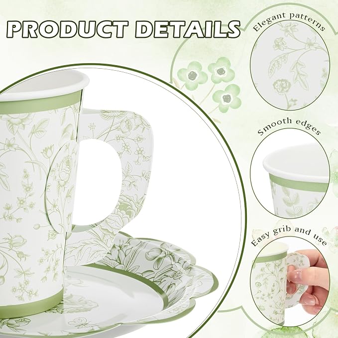 FillTouch 100 Sets Green Floral Paper Tea Cups and Saucers Disposable Paper Tea - Image 3