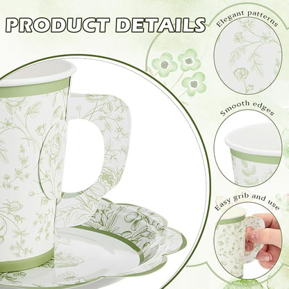 FillTouch 100 Sets Green Floral Paper Tea Cups and Saucers Disposable Paper Tea - Image 3