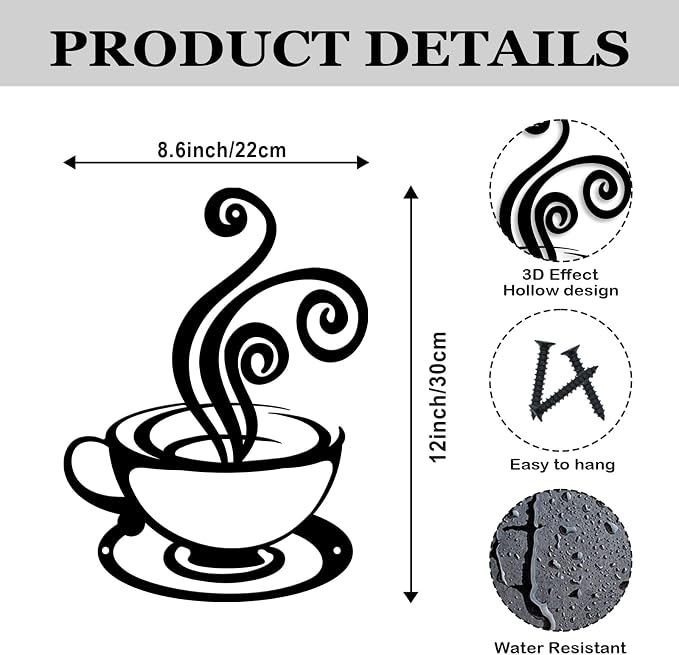 Oubasa Metal Coffee Cup Wall Decor, Minimalist Cafe Themed - Image 3