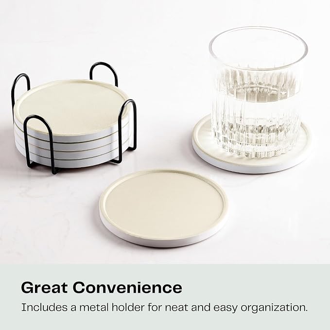 Set of 6 Beige Coasters with Holder, Absorbent Ceramic Drink Coasters with Cork - Image 5