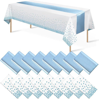 16Pack Disposable Plastic Tablecloths and Satin Table Runner Set White and by MASHAN