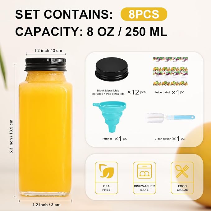 Glxgow 8 Pack 8 oz Glass Juice Bottles - Image 2