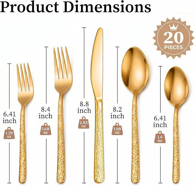 20 Piece Gold Silverware Set, Stainless Steel Silverware Set - Image 2