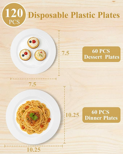 Quatish 120 Pcs White Disposable Plastic Plates for Party,Wedding Plate Includes 60 Pes 10.25 Inch 60 Pes 7.5 Inch Heavy Duty Dinner & Dessert Plates, Perfect for Festivals,Picnics