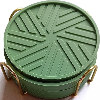 Silicone Coasters Set of 6 with Holder - Unique and Modern Pattern for Prevent Sticking from Cups Coffee Table, Home, Office, bar Decor, Sage Green