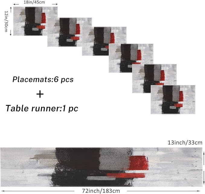 Emvency Table Runner and Placemats Set of 6, Abstract Modern Painting | Red Art - Image 2