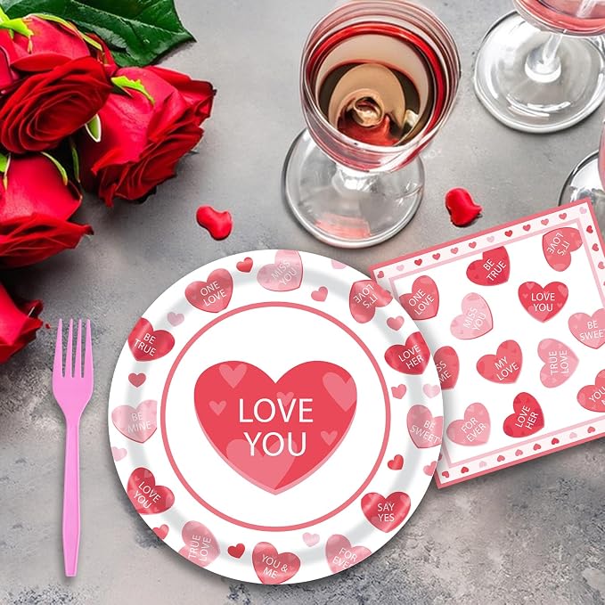 96 Pieces Valentine’s Day Tableware Set – Red and Pink Heart Message Disposable - Image 6