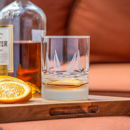 Rolf Glass Regatta 13oz Double Old Fashioned Glass | Set of 2 Whiskey Cocktail Tumblers | Engraved and Lead-Free | Made in the USA | Nautical Sailboat Design