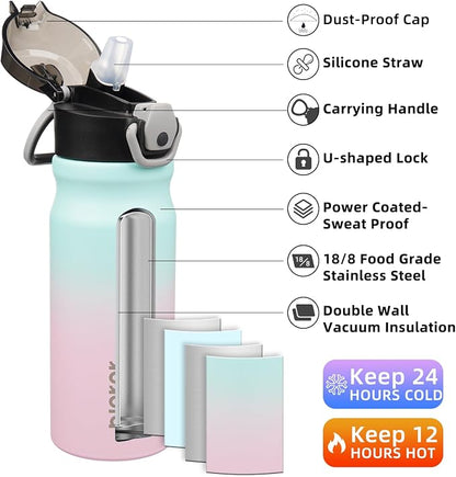 BJPKPK 18 oz Water Bottle with Straw & Handle, Insulated Stainless Flask | Leak - Image 2