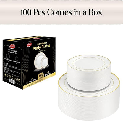 Neatiffy100 Pcs Gold Rim Plastic Dinnerware Set (50 Guest) | 50 x (Dinner Plate, Dessert Plate) | For Wedding, Luxurious Party, Special Event