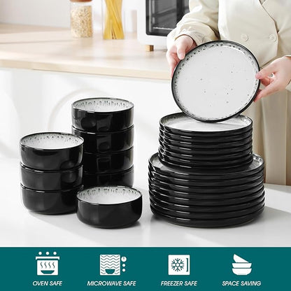 vancasso PLAYA Plates and Bowls Sets, 24 Pieces Beige Dinnerware Sets for Kitchen, Reactive Glaze Dishes Set for 8, Dishwasher and Microwave Safe