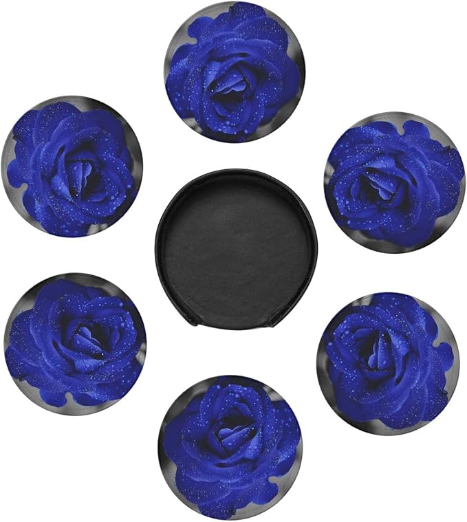 6 Pcs Blue Rose Flower Leather Coasters - Image 7