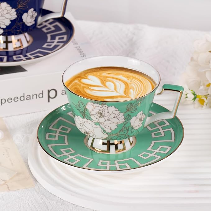 KAMMAK Ceramic Coffee Cups Saucers Set of 2, Porcelain Espresso Cups - Image 3