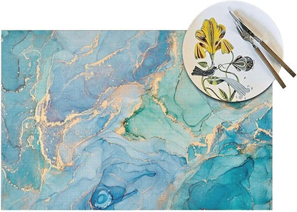 Teal Marble Placemats Set of 6 Turquoise Blue Gold Natural Luxury Abstract Fluid Wipeable Table Mats Reusable Washable PVC Rectangle Place Mats for Kitchen Dining Home Decor 12x18 Inches