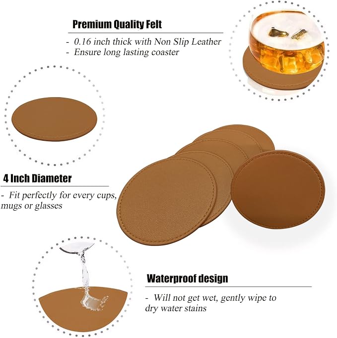 Coasters Set of 6 Soft Leather Drink Coaster Round Coaster - Image 4