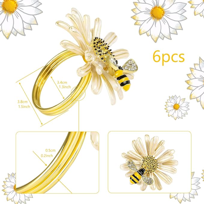 Kesote Daisy Flower Napkin Rings Set of 6, Bee Floral Style | Bee Party - Image 3