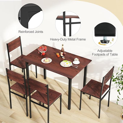 COSTWAY Dining Table Set for 4, Rectangular Kitchen Table and Chairs Set with Backrest, Metal Frame, Space-Saving Dinette Set, Breakfast Nook Table Set for Small Space, Apartment, Dorm (Walnut)