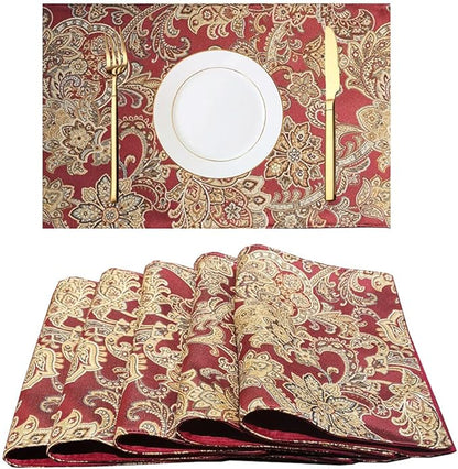 Luxury Retro placemats for Dinner Table Set of 6,Machine Washable Fabric Placemats Non-Slip Heat Resistant Indoor Dining Table mats placemats (Red, Set of 6)