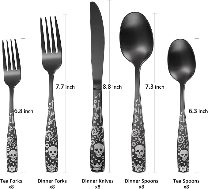 Pattern Matte Silverware Set for 8, 40 Piece Gothic Black Flatware set - Image 2
