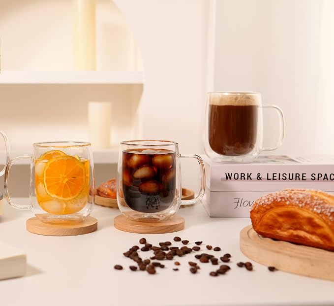 CNGLASS Large Double Wall Glass Coffee Mug 15.2oz, Cappuccino, Tea Bag - Image 2