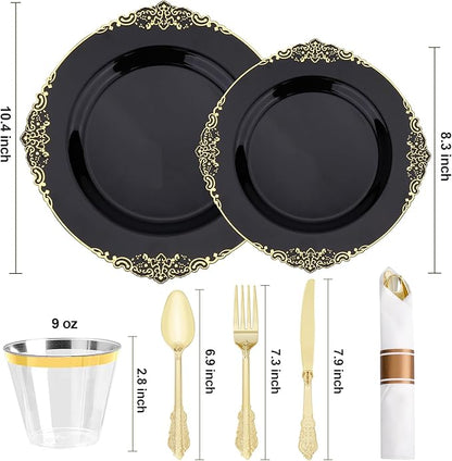 350 PCS Black and Gold Plastic Plates, Plastic Dinnerware Set for 50 Guests, 100 Disposable Plates, 150 Silverwares, 50 Cups, 50 Napkins for Party, Wedding, Graduation