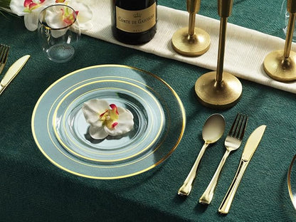 Munfix 100 Gold Plastic Plates Set, 10 Inch Disposable Dinner Plates, Elegant Fancy Heavy Duty for Party, Wedding, Clear with Gold Rim