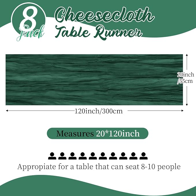 8 Pack Emerald Green Cheesecloth Table Runners 20x120 Inch Gauze Table Runner - Image 2
