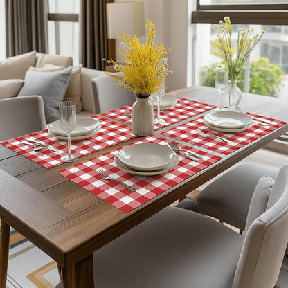 Artoid Mode Buffalo Plaid Vinyl Placemats Set of 4, 12x18 Inch Washable Non-Slip Heat Resistant Plastic Place Mats for Party Dining Table, Red/White