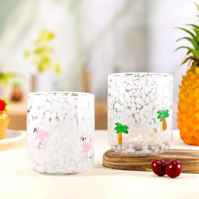 Skylety 2 Pcs Hawaii Icon Juice Rocks Glasses 14 oz Coconut Tree and Flamingo - Image 3