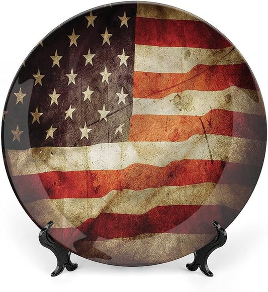 Ceramic Display Plate, American Flag Ceramic Hanging Decorative Plate, Grunge Look Patriotic, 8 Inch, Household Custom Ceramic Plate, Multicolor