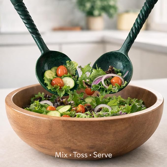 SS CRAFTS INDIA Premium 12.5" Forest Green Marbled Resin Salad Servers | Set of - Image 2